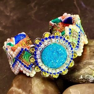 Handmade sari ribbon rhinestone cuff